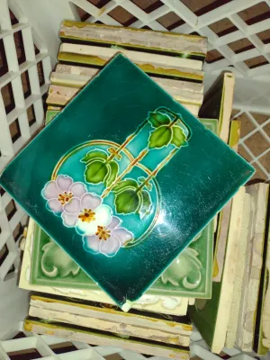 Collection of Glazed Tiles- Assorted Designs, Some Art Nouveau- Approx 35 Pieces- Each Approx 6" Square (G)