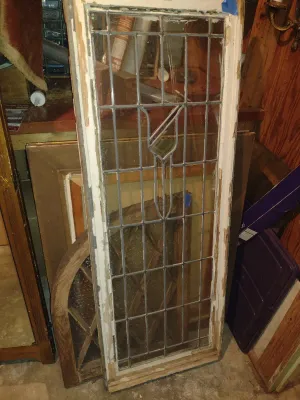 Antique Wood Framed Leaded Glass Window with Center Geometric Design- Approx 20 1/4" x 52" Tall (Bas-B)
