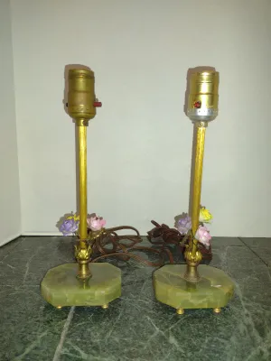 Pair of Petite Metal Post Lamps with Ceramic Floral Accents on Stone Bases (LR)