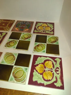 Collection of Antique Glazed Ceramic Tiles- Assorted Designs, Some Art Nouveau- Nine Pieces- Approx 6" Square (Set B)