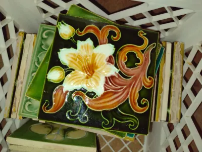 Collection of Glazed Tiles- Assorted Designs, Some Art Nouveau- Approx 35 Pieces- Each Approx 6" Square (G)