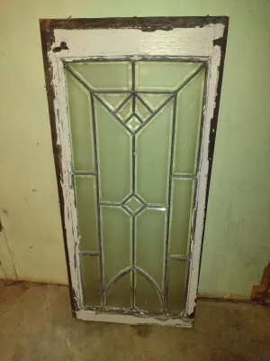 Antique Wood Framed Leaded Glass Architectural Decor- Approx 14 1/4" x 30 3/4" x 1 1/2" Deep (Bas)