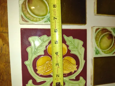 Collection of Antique Glazed Ceramic Tiles- Assorted Designs, Some Art Nouveau- Nine Pieces- Approx 6" Square (Set B)