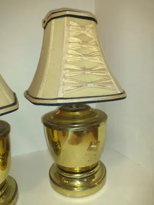 Pair of Small, Table Top Brass Lamps with Shades- Approx 15" Tall