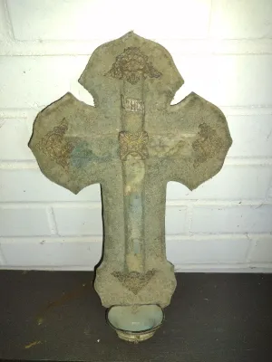 Vintage French Crucifix Holy Water Font- Measures Approx 14" x 8 3/4"