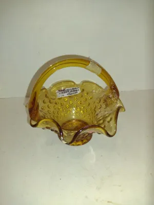 Italian Hobnail Amber Glass Basket with Ruffled Edge- Approx 5 1/2" Wide