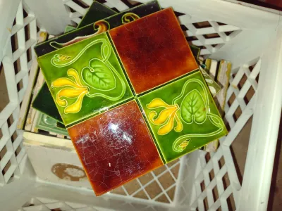Collection of Glazed Tiles- Assorted Designs, Some Art Nouveau- Approx 35 Pieces- Each Approx 6" Square (G)
