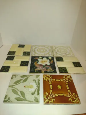 Collection of Glazed Tiles- Assorted Designs, Some Art Nouveau- Eight Pieces- Each Approx 6" Square (Set A)