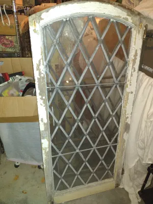Pair of Leaded Glass Windows with Diamond Pattern- Approx 24 1/2" x 54" Tall (Arched Top)