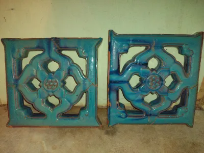 Pair of Antique Chinese Tiki Tiles- Glazed Ceramic/Terra Cotta Architectural Panels- Approx 12" x 12 1/2" x 1 1/4" Thick