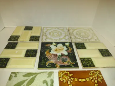 Collection of Glazed Tiles- Assorted Designs, Some Art Nouveau- Eight Pieces- Each Approx 6" Square (Set A)