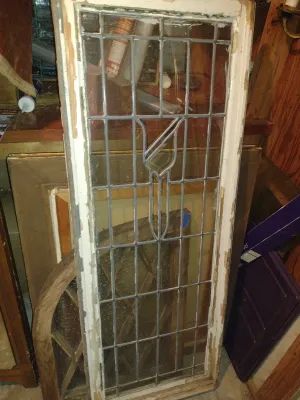 Antique Wood Framed Leaded Glass Window with Center Geometric Design- Approx 20 1/4" x 52" Tall (Bas-B)