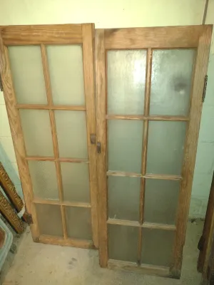 Pair of Wood Framed Eight Panel Windows with Original Hardware- Approx 47 1/2" Tall, 17" Wide (Bas-A)