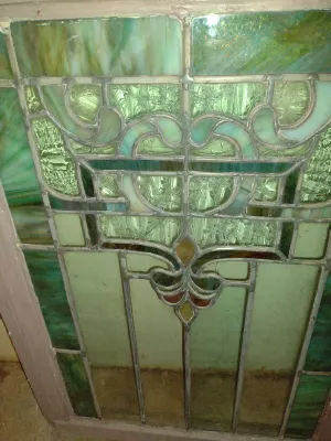 Antique Wood Framed Stained Glass Panel- Approx 20" x 28 1/2" x 1 1/4" Deep (Bas)