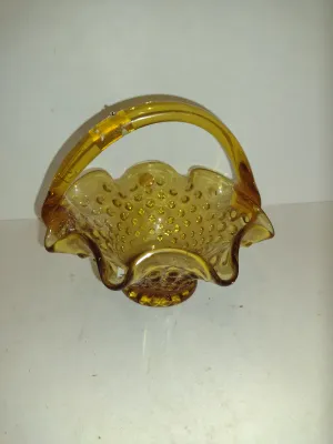 Italian Hobnail Amber Glass Basket with Ruffled Edge- Approx 5 1/2" Wide