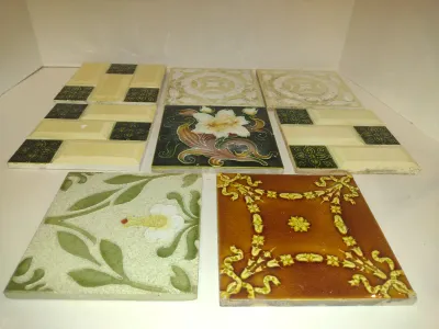 Collection of Glazed Tiles- Assorted Designs, Some Art Nouveau- Eight Pieces- Each Approx 6" Square (Set A)