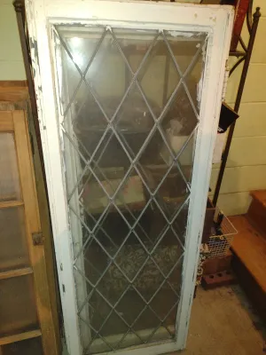 Pair of Leaded Glass Windows with Diamond Pattern- Approx 21 3/4" x 56 1/2" (Straight Top)