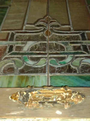 Antique Wood Framed Stained Glass Panel- Approx 20" x 28 1/2" x 1 1/4" Deep (Bas)
