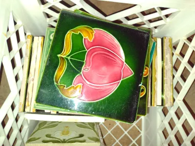 Collection of Glazed Tiles- Assorted Designs, Some Art Nouveau- Approx 35 Pieces- Each Approx 6" Square (G)