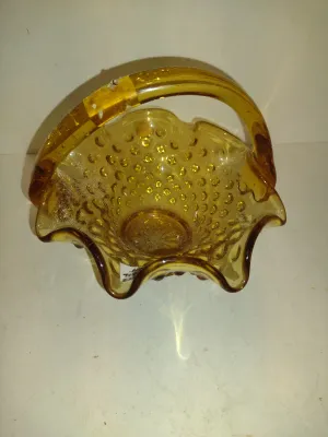 Italian Hobnail Amber Glass Basket with Ruffled Edge- Approx 5 1/2" Wide
