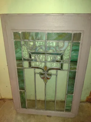 Antique Wood Framed Stained Glass Panel- Approx 20" x 28 1/2" x 1 1/4" Deep (Bas)