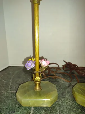 Pair of Petite Metal Post Lamps with Ceramic Floral Accents on Stone Bases (LR)