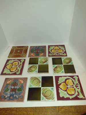 Collection of Antique Glazed Ceramic Tiles- Assorted Designs, Some Art Nouveau- Nine Pieces- Approx 6" Square (Set B)