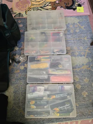 Sale Photo Thumbnail #334: 8 boxes with tackle and a shimano reel