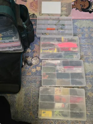 Sale Photo Thumbnail #333: 8 boxes with tackle and a shimano reel