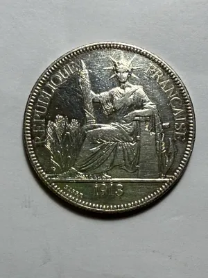 French Indochina 1913-A Circulated/Cleaned 1 Piastre de Commerce Silver Trade Coin 27.2 Grams (Coin-27D) as Pictured.
