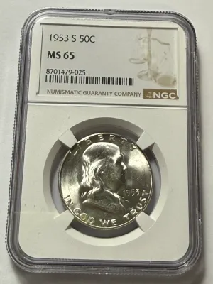 NGC CERTIFIED 1953-S MS65 FRANKLIN SILVER HALF DOLLAR COIN AS PICTURED.