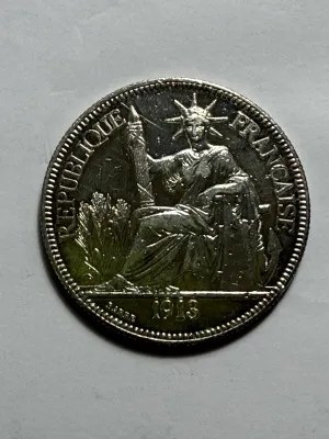 French Indochina 1913-A Circulated/Cleaned 1 Piastre de Commerce Silver Trade Coin 27.2 Grams (Coin-26U) as Pictured.