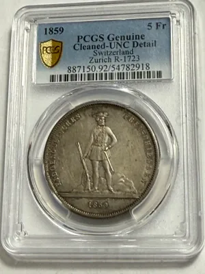 Switzerland: Confederation "Zurich Shooting Festival" 5 Francs 1859 PCGS Certified UNCIRCULATED Details Toned/Cleaned R-1723 as...
