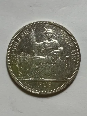 French Indochina 1908-A Circulated/Cleaned 1 Piastre de Commerce Silver Trade Coin 27.2 Grams (Coin-23G) as Pictured.