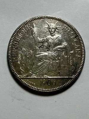French Indochina 1906-A Circulated/Cleaned 1 Piastre de Commerce Silver Trade Coin 27.2 Grams (Coin-21R) as Pictured.