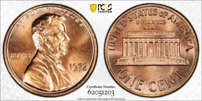PCGS CERTIFIED 1972/72 MS66 RED DOUBLE DIE OBVERSE, FS-101, LINCOLN CENT POP REPORT ONLY 5 COINS GRADED HIGHER.