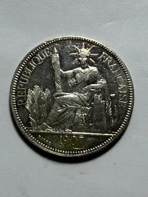 French Indochina 1907-A Circulated/Cleaned 1 Piastre de Commerce Silver Trade Coin 27.2 Grams (Coin-22V) as Pictured.