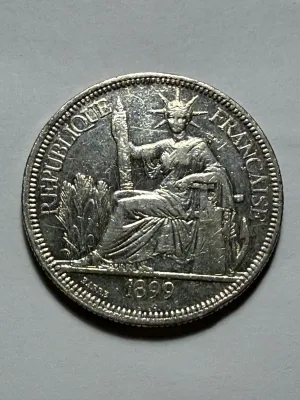 French Indochina 1899-A Circulated/Cleaned 1 Piastre de Commerce Silver Trade Coin 27.2 Grams (Coin-19D) as Pictured.