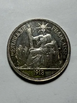 French Indochina 1913-A Circulated/Cleaned 1 Piastre de Commerce Silver Trade Coin 27.2 Grams (Coin-25C) as Pictured.