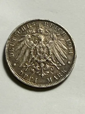 GERMANY 1914-A VERY FINE+ CONDITION SOME RIM TICKS DREI/3 MARK SILVER COIN AS PICTURED.