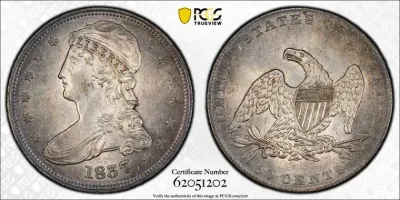 PCGS CERTIFIED 1837 REED EDGE MS61 CAPPED BUST HALF DOLLAR GR-9 POP-1 IN MS61 AND ONLY 3 GRADED HIGHER BY PCGS.