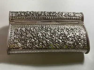 Vintage Never Used Superb Condition 175 Grams/6.1 Oz, Solid Sterling Silver .925 Purse/Clutch Handbag Oval/Round Repousse w/Flowers Style...