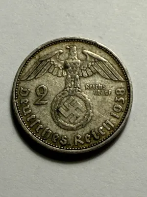 GERMANY 1934-A FINE/VERY FINE CONDITION 2 MARK SWASTIKA SILVER COIN AS PICTURED.