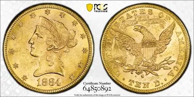 SCARCE PCGS CERTIFIED 1884-S MS61 $10 LIBERTY GOLD COIN AS PICTURED.