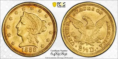 SCARCE PCGS CERTIFIED 1888 MS62 $2.50 LIBERTY GOLD COIN LOW MINTAGE AS PICTURED.