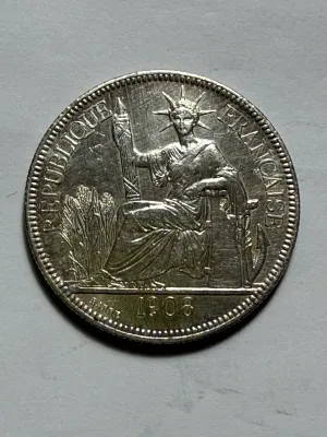 French Indochina 1908-A Circulated/Cleaned 1 Piastre de Commerce Silver Trade Coin 27.2 Grams (Coin-24T) as Pictured.