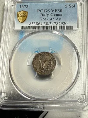 PCGS Certified Italy~Genoa 1673 VF30 KM-145 5 Soldi "John the Baptist" Silver Coin as Pictured.