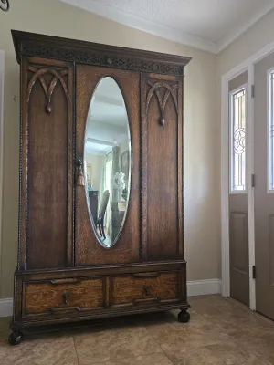 Sale Photo Thumbnail #16: Antique Victorian Gothic Revival Armoire, hand-carved oak