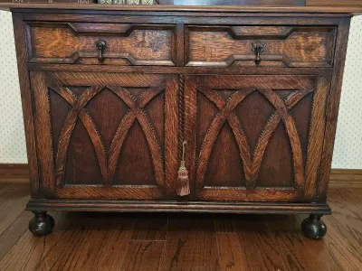 Sale Photo Thumbnail #21: English Gothic Revival hand-carved walnut sideboard