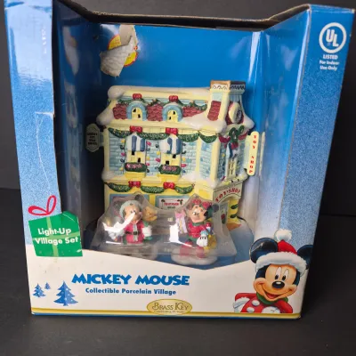 LOT 53B: Mickey Light-Up Porcelain Village (NIB) & Mickey Snowman Light-Up Figurine